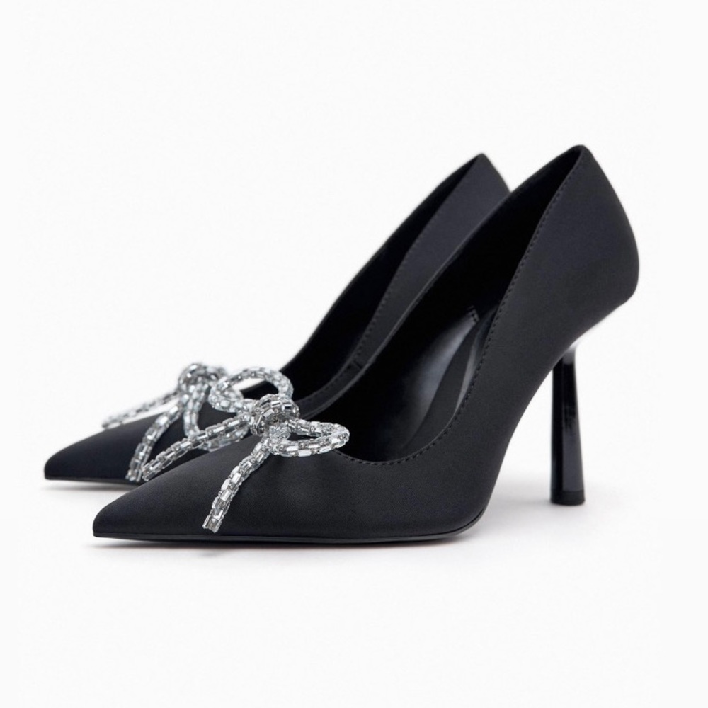 Zara Black High Heel Satin Pumps with Silver Bow